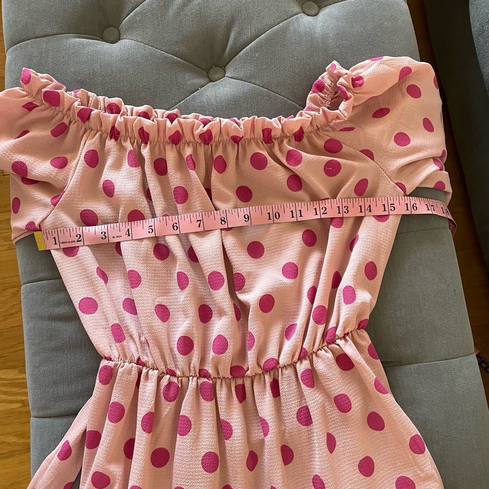 Pretty Little Thing Dusty Pink Polka Dot Bardot Tie Waist Shift Dress - Picture 6 of 9